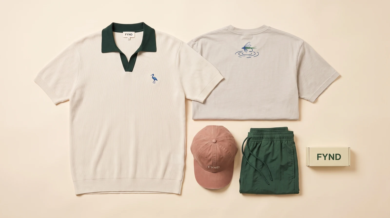 FYND concept apparel with textured polo, illustrated tee, relaxed shorts and washed cap